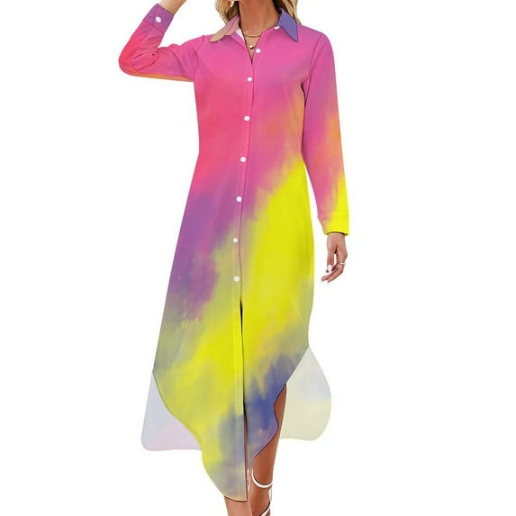 2024 Tie Dye Casual Dress Yellow Orange Red Spiral Street Style Dresses Long Sleeve Modern Women V Neck Design Big Size Chiffon Dress