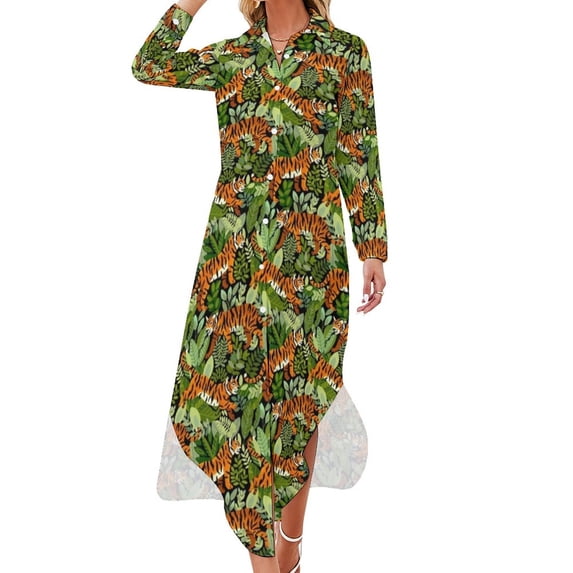 2024 Tiger Stripes Chiffon Dress Abstract Line Print Retro Dresses Female Long Sleeve Street Fashion V Neck Oversized Casual Dress