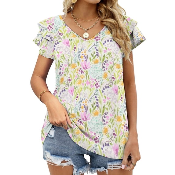 2024 Tiny Flowers Lotus Leaf Neck T-Shirt Long Sleeve Women's T Shirt Elegant Fashion Tops & Tees Floral Delie Happy Flowers Tiny