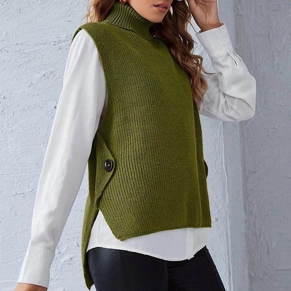 2024 Tops Clearance Black&Friday Deals Vest for Women Turtleneck Vest Sweater Women Sleeveless Wear Solid Color Knit Vest Sweater Top Army Green M