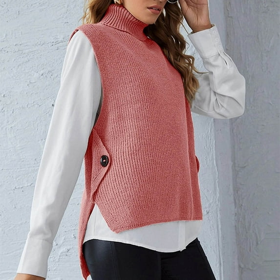 2024 Tops Clearance Deals Vest for Women Turtleneck Tank Top Sweater for Women Sleeveless Wear Solid Color Knit Vest Sweater Top Pink Xl