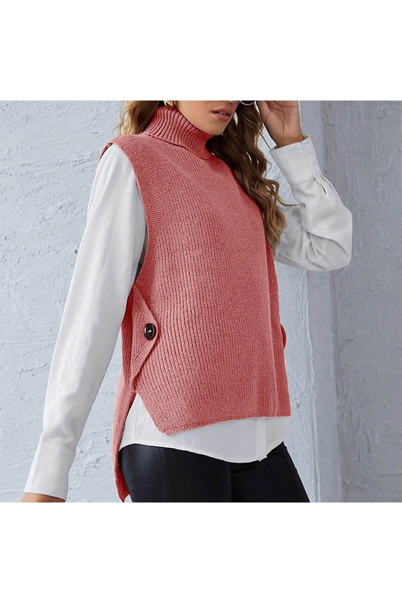 2025 Tops Vest for Women Turtleneck Vest Sweater Women Sleeveless Wear Solid Color Knit Vest Sweater Top Pink S