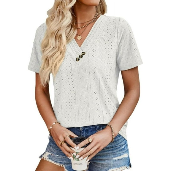 2024 Tops for Women Trendy Button V-Neck Casual Short Sleeve, Women's Summer Tops