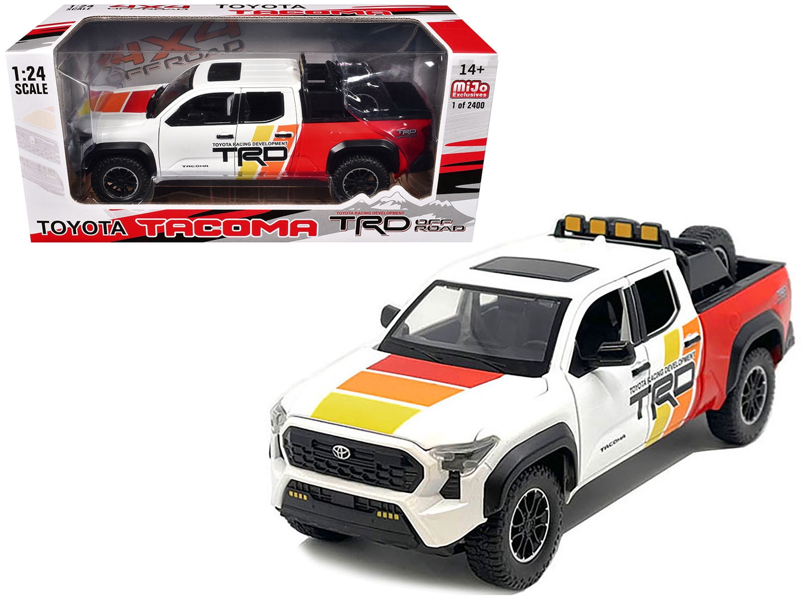 2024 Toyota Tacoma TRD Off Road Ed Truck White and Red with TRD Stripes with Sunroof & Wheel Rack 1/24 Die Cast Model Car