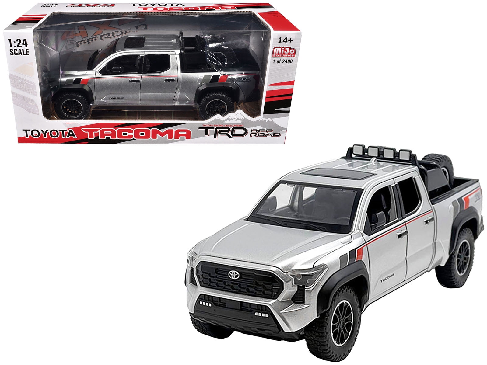 2024 Toyota Tacoma TRD Off Road Edition Truck Silver Metallic with TRD Stripes w/Sunroof and Wheel Rack 1/24 Diecast Model Car