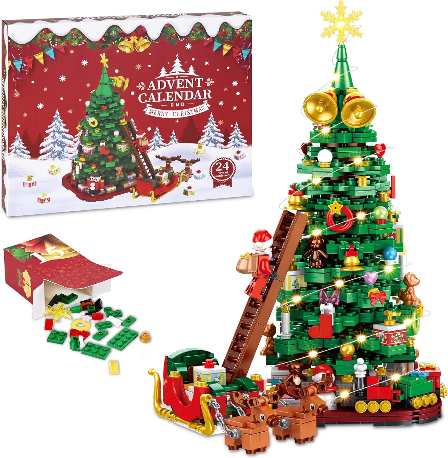 2024 Tree Building Blocks Set with LED Light Santa Climbing Ladder
