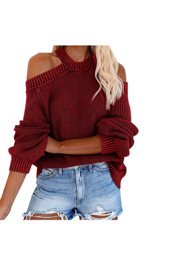 2026 Trendy Knit Sweaters Halter Neck Cold Shoulder Hollow Out Crochet Sweater Solid Casual Loose Pullover Tops Fall
