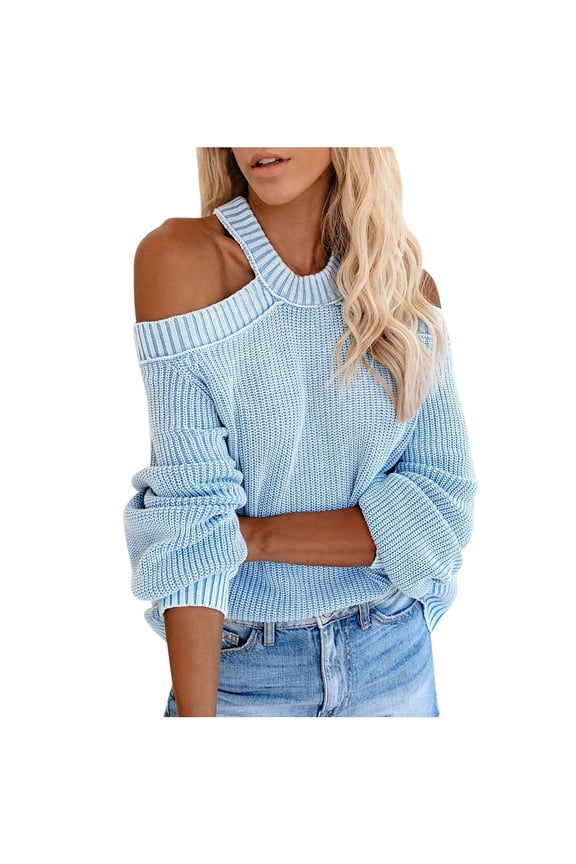2025 Trendy Knit Sweaters Halter Neck Cold Shoulder Hollow Out Crochet Sweater Solid Casual Loose Pullover Tops Fall