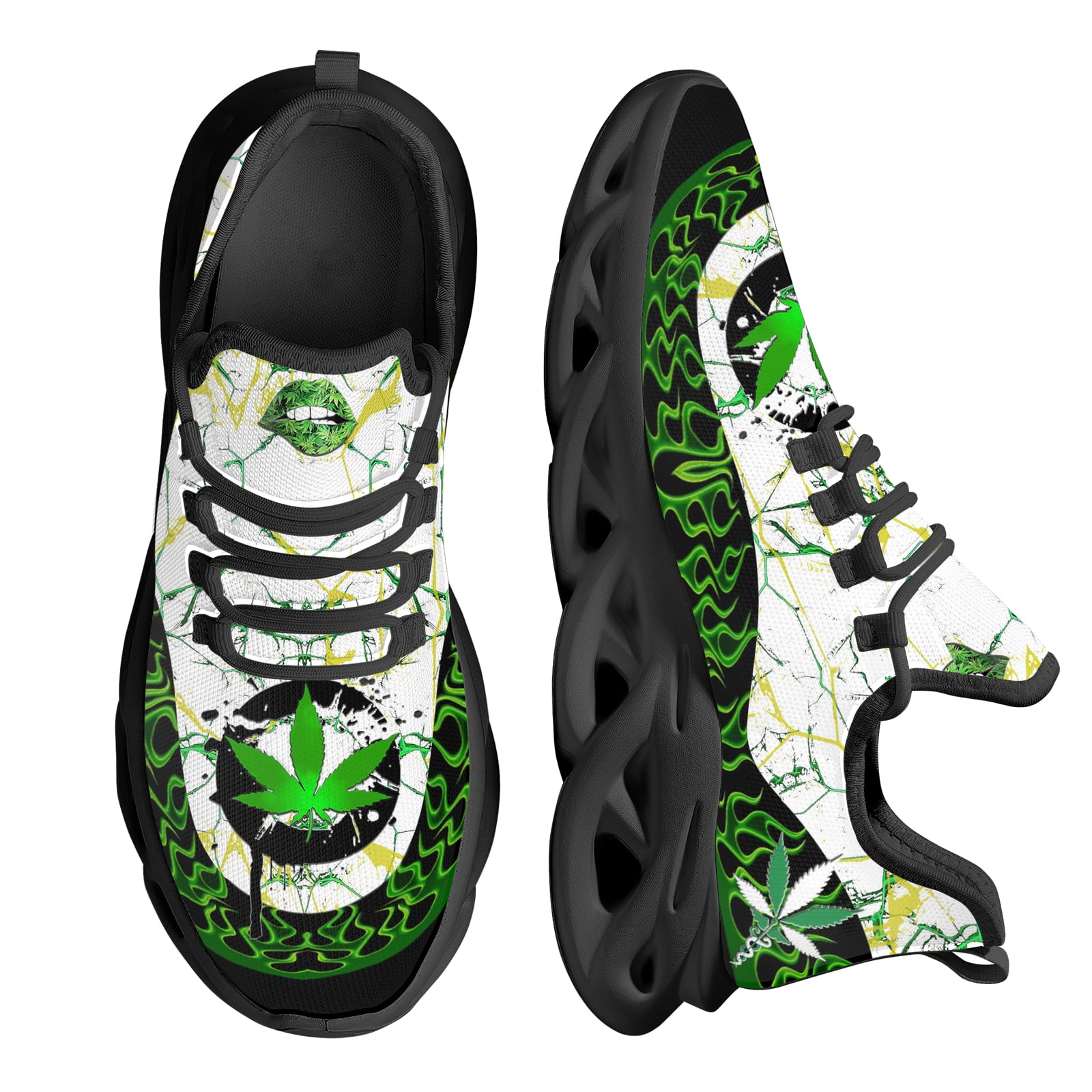 2024 Trendy Mesh Sneakers for Women 3D Green Weed Leaves Lip Print