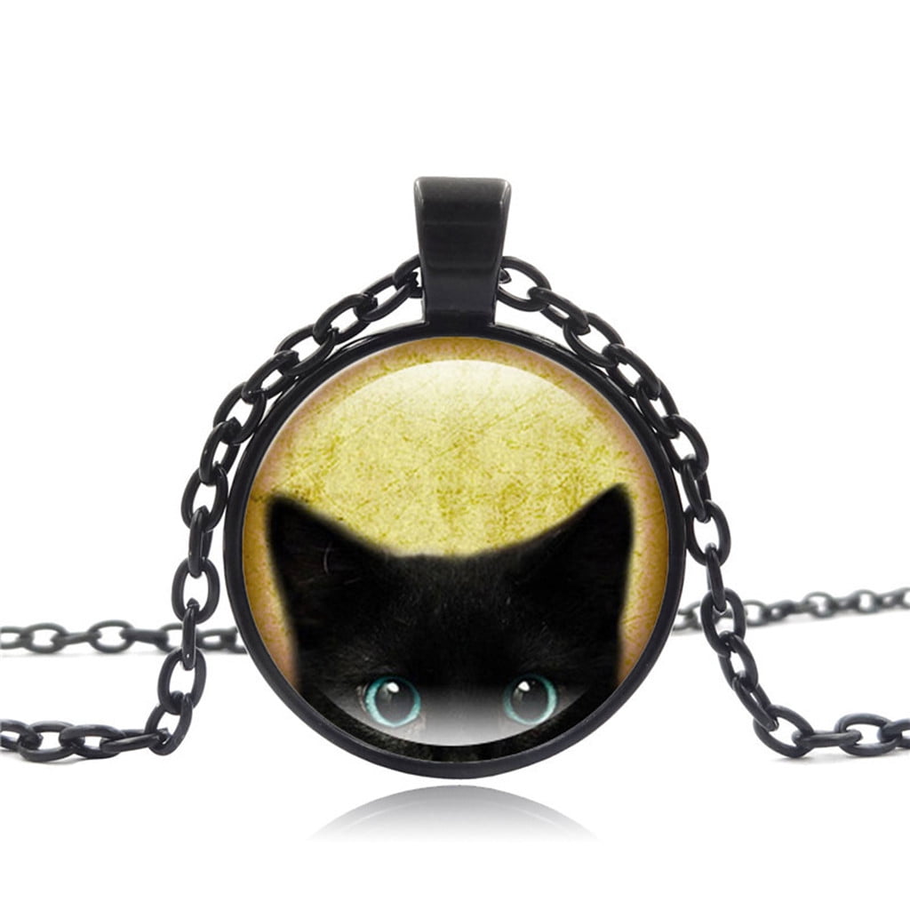 2024 Trendy Necklace Fashion Retro Punk Glass Round Black Cool Cat