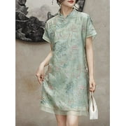2024 Trendy Summer New Chinese Style Retro Imitation Silkworm Silk Organza Heavy Embroidery New Chinese Qipao Dress