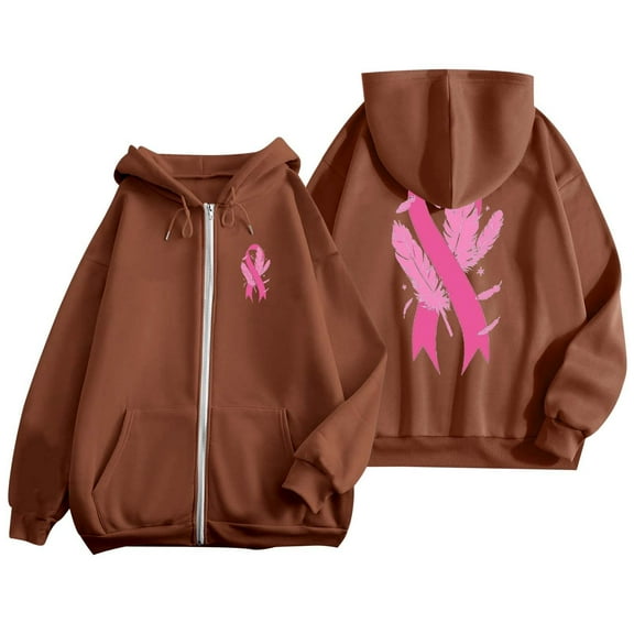2024 Trendy Women's Autumn And Winter Cancer Day Ribbon Feather Print Zipper Long Sleeve Pocket Drawstring Casual Sports Hooded Sweatshirt Zip Jacket Full Zip Hoodies for Women Hooded Sweatshirts for