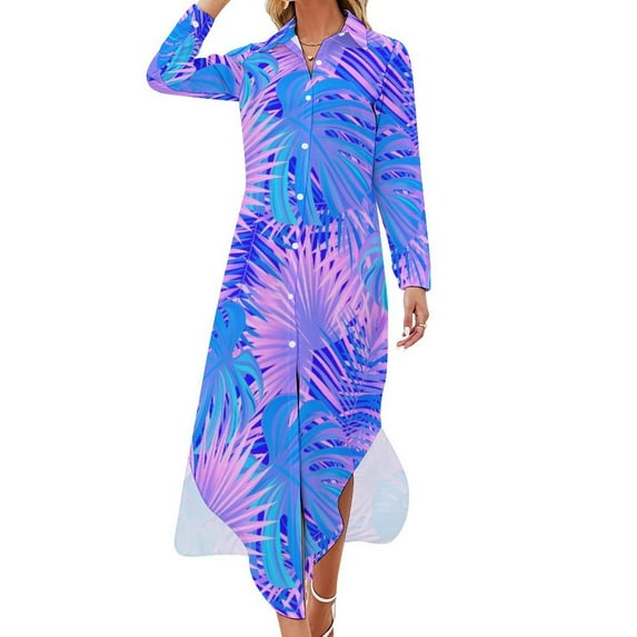 2024 Tropical Palm Leaf Chiffon Dress Jungle Print Kawaii Dresses Womens Long Sleeve Street Style V Neck Big Size Casual Dress