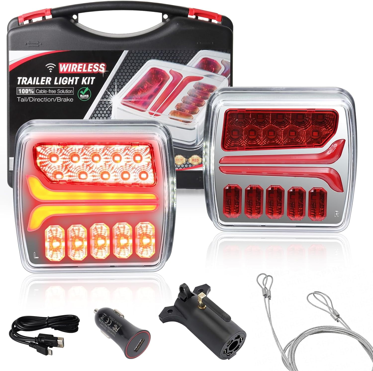 [2024 UPGRADE Wireless Trailer Lights - Rechargeable Magnetic LED Trailer Light Kits for Towing Truck Waterproof Tow Lights Kit with Anti-lost Wire Rop