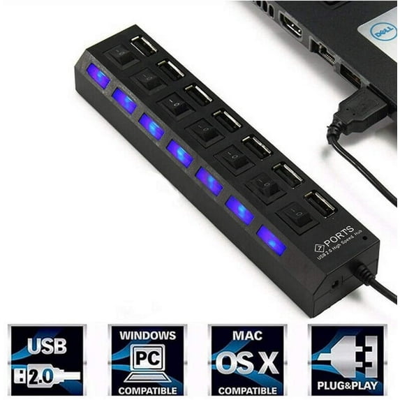 2024 USB Hub,7-Port USB 2.0 Hub with Individual LED lit Power Switches for Laptop, PC, Computer, Mobile HDD, Flash Drive and More