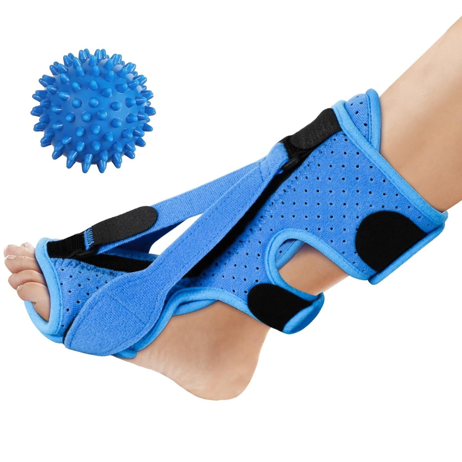 2024 Upgraded Adjustable Plantar Fasciitis Night Splint with Massage Ball for Foot Pain Relief Blue