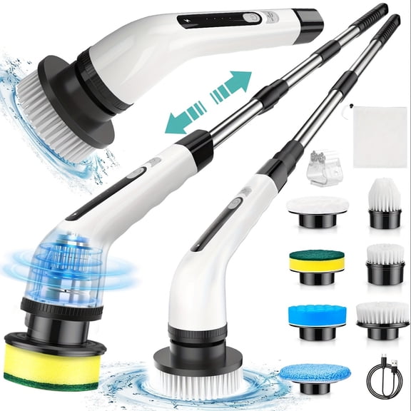 2024 Upgraded Cordless Electric Spin Scrubber, 360° Rotary Cleaning Brush with 7 Replaceable Brush Heads & Adjustable Extension Handle, for Bathroom, Bathtub, Tile, Floor & Household Cleaning