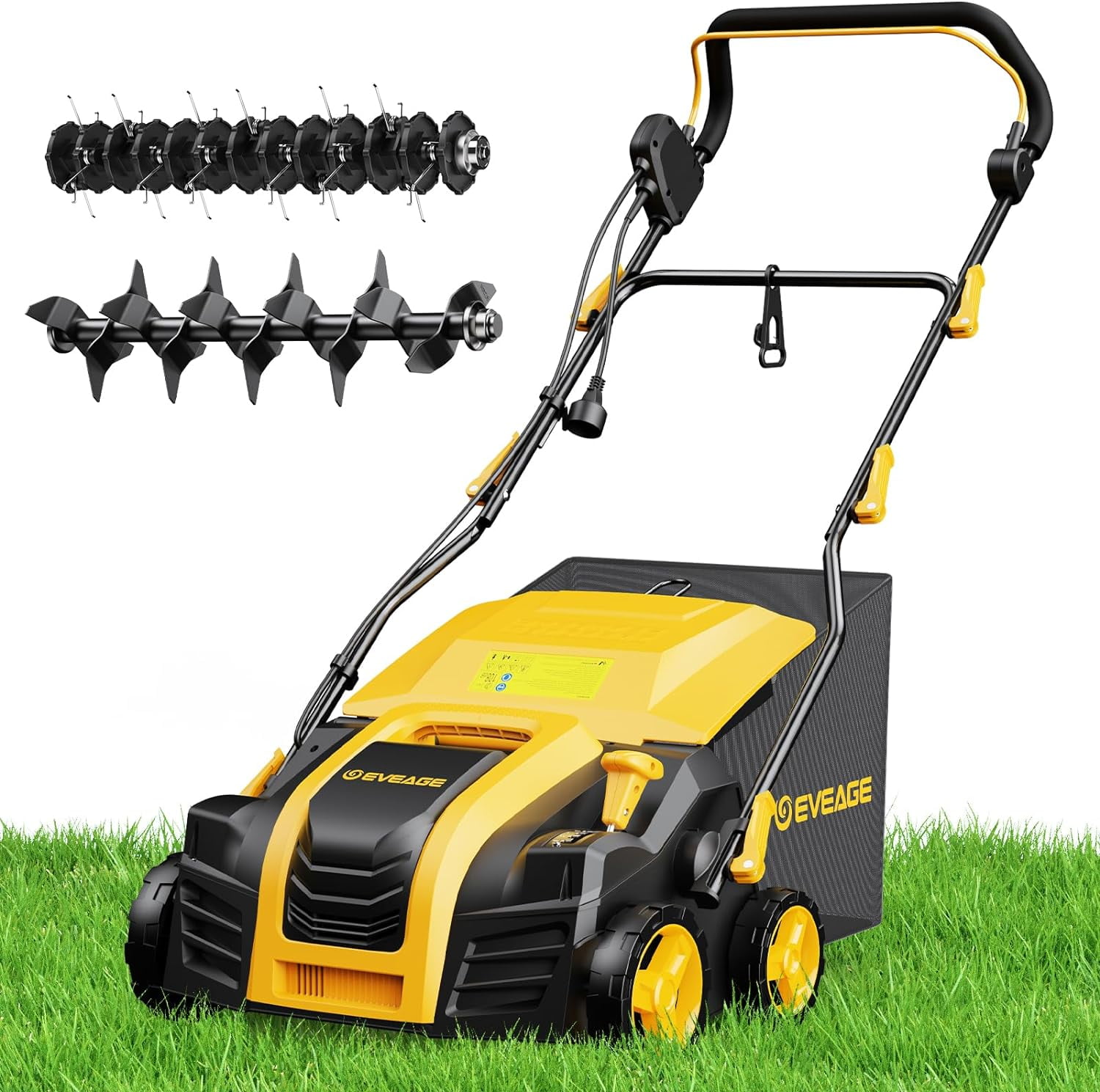 EVEAGE 16-Inch Yellow and Black Electric Dethatcher & Scarifier with Adjustable Depth