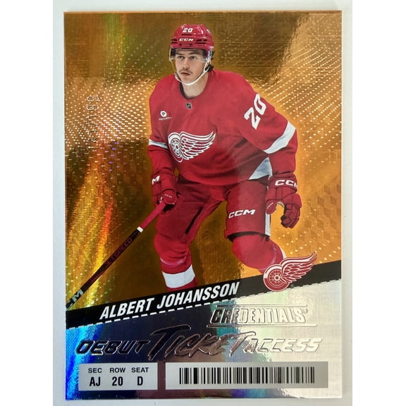 2024 Upper Deck Credentials Debut Ticket Access Orange /199 Albert Johansson Red Wings NHL Rookie Hockey Card