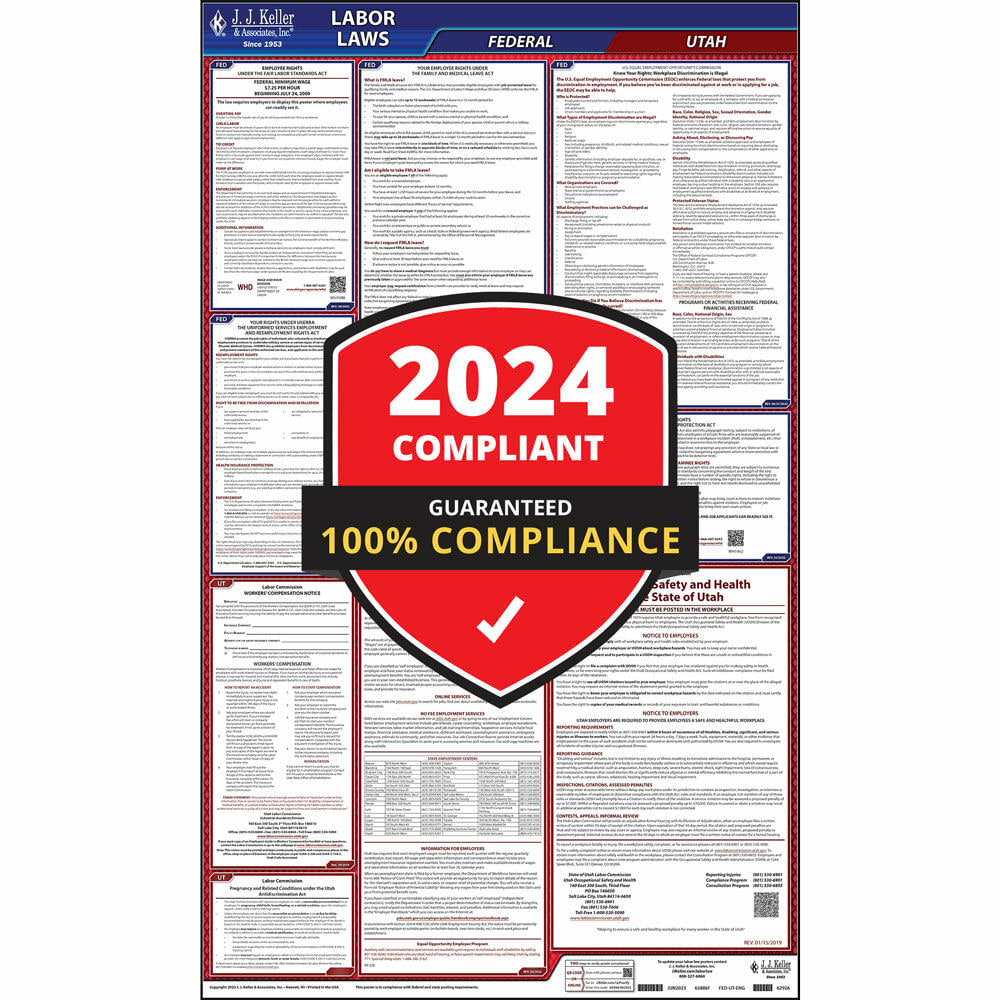 2024 Utah and Federal Labor Law Poster (English, UT State) - OSHA Compliant All-in-One Laminated Poster