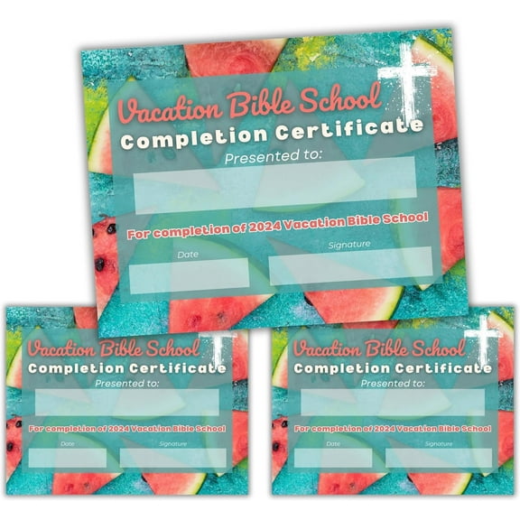 2024 VBS Vacation Bible School Certificate of Completion Award 50 pk 8.5x11 Attendance for Kids Watermelon Fruit of The Spirit Award Participation