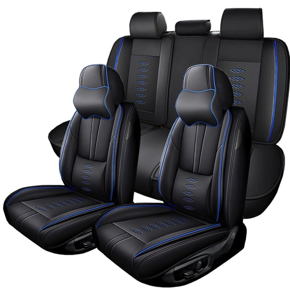 2024 for VOLKSWAGEN TIGUAN Car Seat Cover, Black and Blue Edges Car Seat Covers, Leather 5 Piece Full Set With a Headrest and Lumbar Support Beautify Interior, Airbag-Compatible