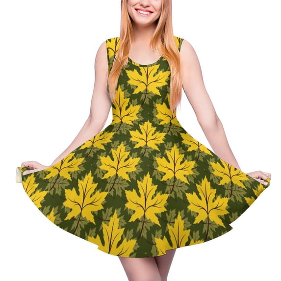 2024 Vestido Oversized Ladies Summer Dress Skate Pattern Style Street Sleeveless Dresses Trendy Print Leaf Maple Dress Leaves Golden