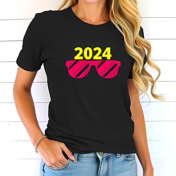 2024 Vibrant Cotton Short Sleeve T-Shirt with Bold Yellow Year & Playful Pink Striped Sunglasses Design - Trendy Summer Style