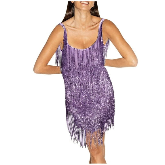 2024 Vintage Disco Dress for Women 70s Sequins Tassel Prom Party Dress Sleeveless Slim Mini Dress With Fringe