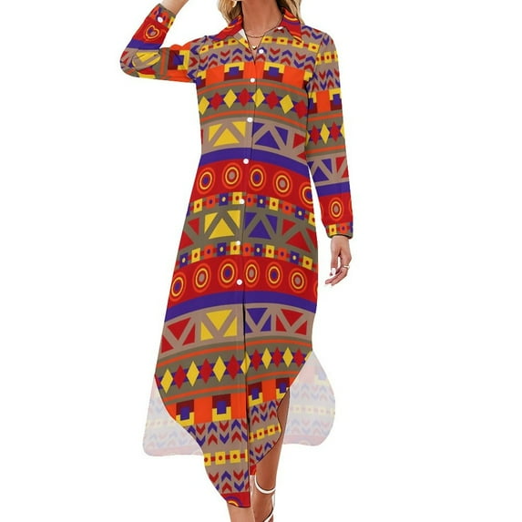 2024 Vintage Ethnic Casual Dress Colorful Tribal Print Streetwear Dresses Long Sleeve Trendy Ladies V Neck Oversize Chiffon Dress