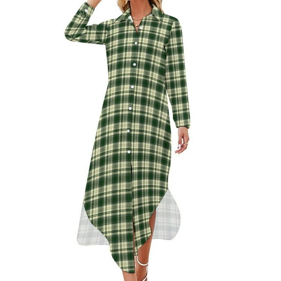 2024 Vintage Plaid Chiffon Dress Cute Green Check Beach Dresses Women Long Sleeve Street Style V Neck Pattern Oversized Casual Dress