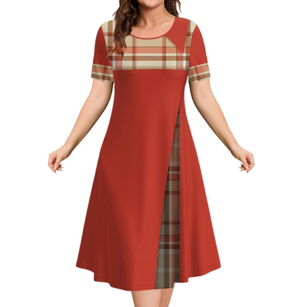 2024 Vintage Women's Dresses Plaid Printed Summer Ethnic Midi Dresses