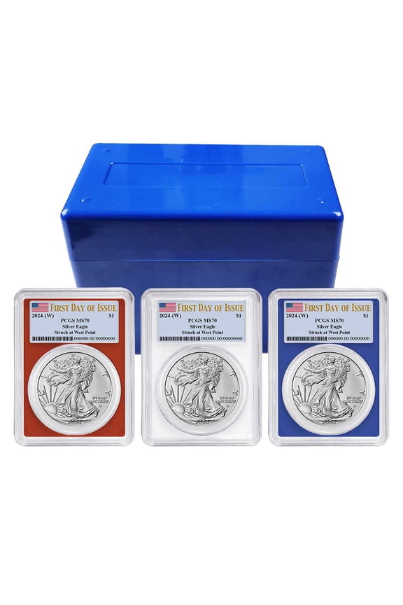 2024 (W) $1 American Silver Eagle 3pc Set PCGS MS70 FDOI Label Red White Blue