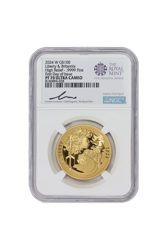 2024-W $100 Gold Liberty & Britannia NGC PF70 Ultra Cameo First Day of Issue Summers Label U.K. Mint Coin