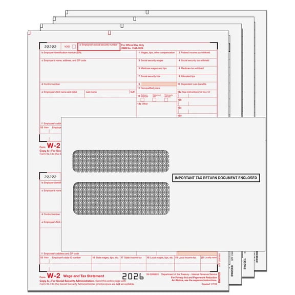 2026 W-2 Tax Pack, 4-part Laser Forms for 10 Employees with Envelopes and W-3 Transmittal
