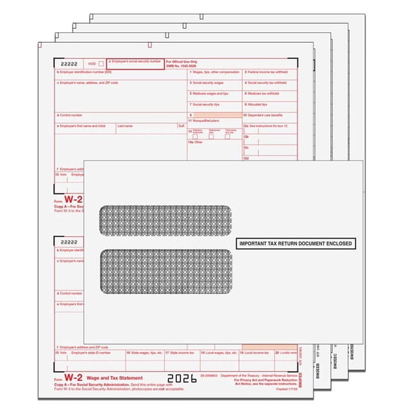 W-2 Tax Pack for 2026 Tax Year, 4-part Laser Forms for 10 Employees with Envelopes and W-3 Transmittal