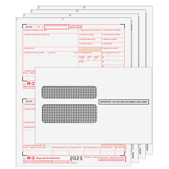 2025 W-2 Tax Pack, 4-part Laser Forms for 10 Employees with Envelopes and W-3 Transmittal