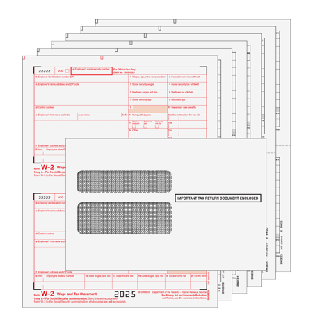 2025 W-2 Tax Pack, 6-Part Laser Forms for 10 Employees with Envelopes & W-3 Transmittals