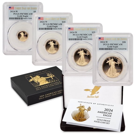 2024-W Set of 4 American Gold Eagle Proof Coins PR-70 Deep Cameo First Day of Issue Flag Label w/Original Mint Box and Certificate $50 $25 $10 $5 PCGS PR70DCAM U.S. Mint