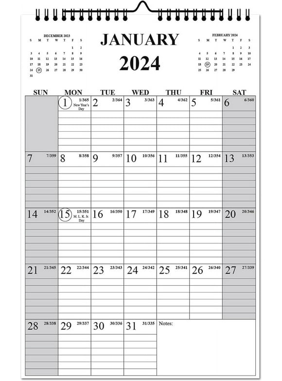 2024 Wall Calendar - 11" x 17" with Spiral Binding, Holidays, Julian Dates