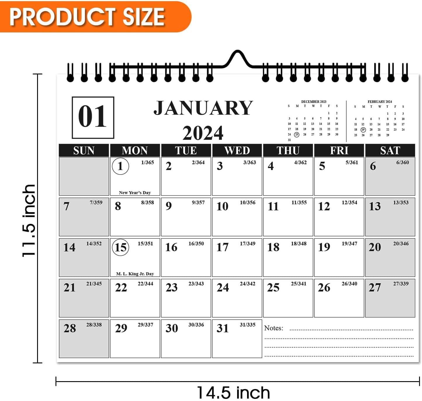 "2024 Wall Calendar 14.5""x11.5"", Spiral & TwinWire Binding, Holidays