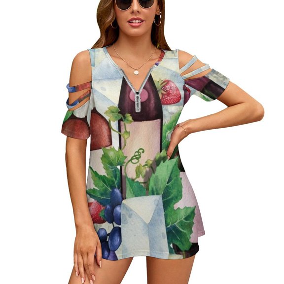 2024 Watercolor Wine Glasses And Bottles rated With Delicious Food Ruffle Short Sleeve T Shirt Women Summer T Shirts V Neck Tee