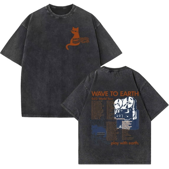 2024 Wave To Earth Cat 0.03 World Tour Merch Unisex Oversized Soft Vintage Washed Cotton Crewneck T-Shirt - Print Summer Hip Hop Kpop Streetwear