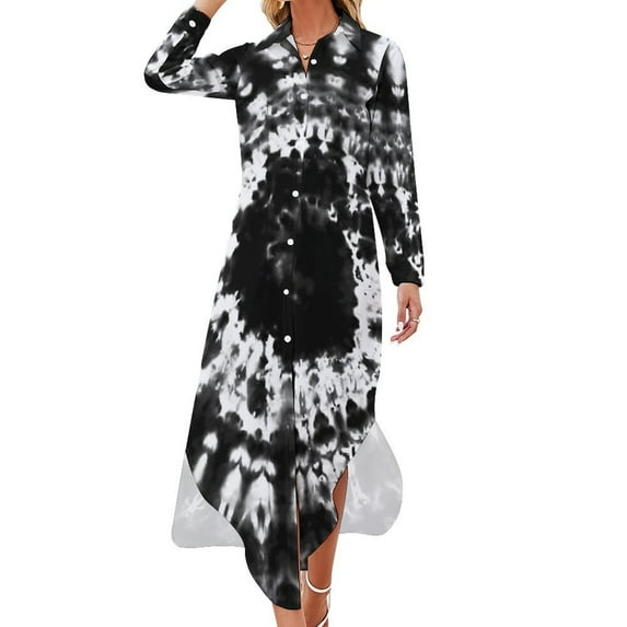 2024 White Black Tie Dye Casual Dress Abstract Flower Streetwear Dresses Long Sleeve Modern Lady V Neck Design Oversize Chiffon Dress