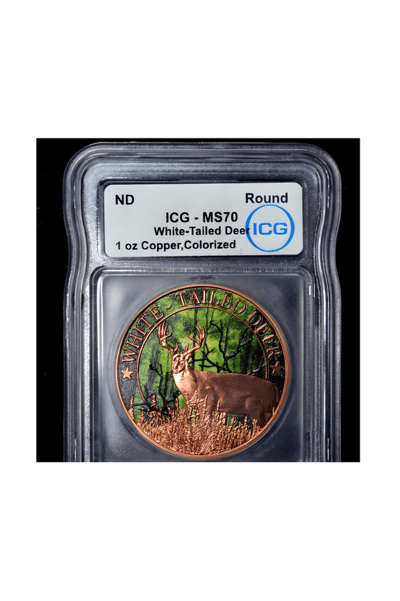 2024 White Tailed Deer Rifle & Flag 1 oz Colorized Copper Round ICG Graded MS 70