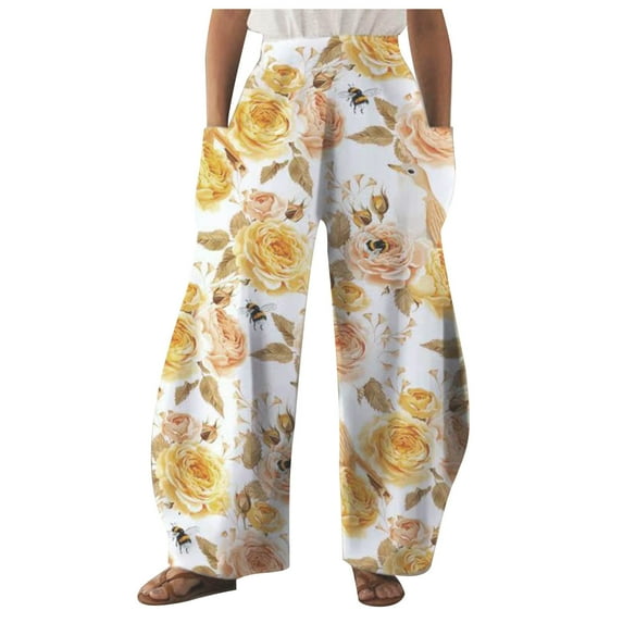 2024 Wide Leg Pants for Women Elastic Waist Floral Printed Trousers Winter Casual Pants with Pockets
