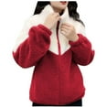 thumbnail image 1 of 2024 Winter Fuzzy Fleece Jacket for Women Color Block Sherpa Fuzzy Cardigan Coats Zip-up Stand Collar Warm Thick Outerwear, 1 of 4