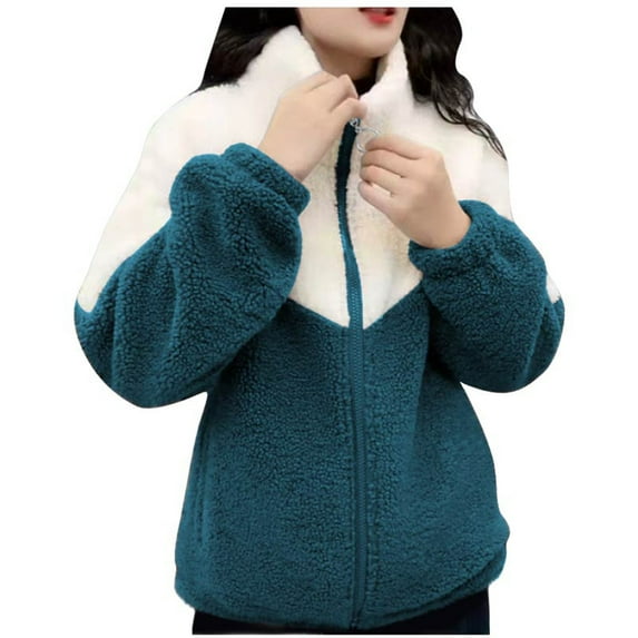 2024 Winter Fuzzy Fleece Jacket for Women Color Block Sherpa Fuzzy Cardigan Coats Zip-up Stand Collar Warm Thick Outerwear