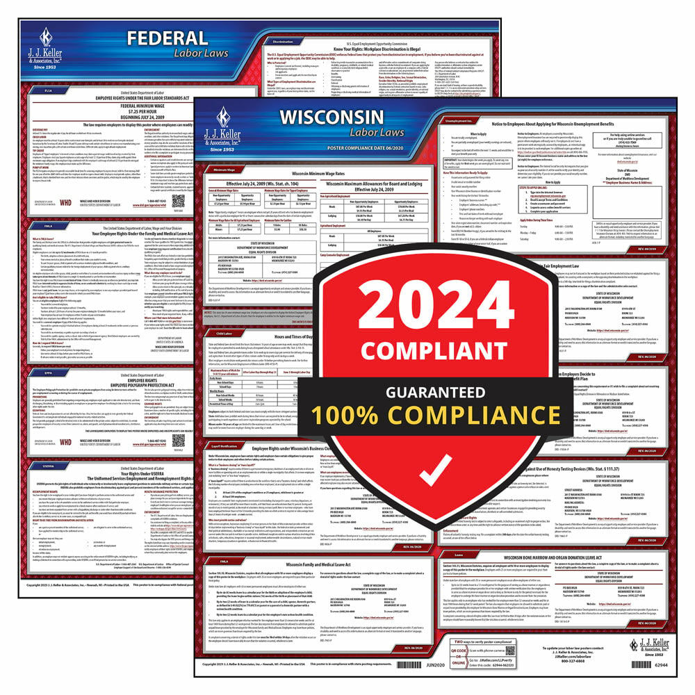 2024 Wisconsin and Federal Labor Law Poster Set (English, WI State) - OSHA Compliant Laminated Posters