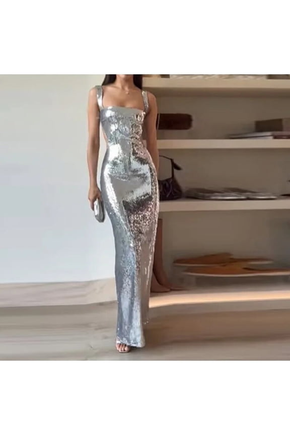 2024 Woman Fashion French High Feeling Silver Sequins Halter Sheath Dress Light Luxury Dinner Year Sexy Long Dresses